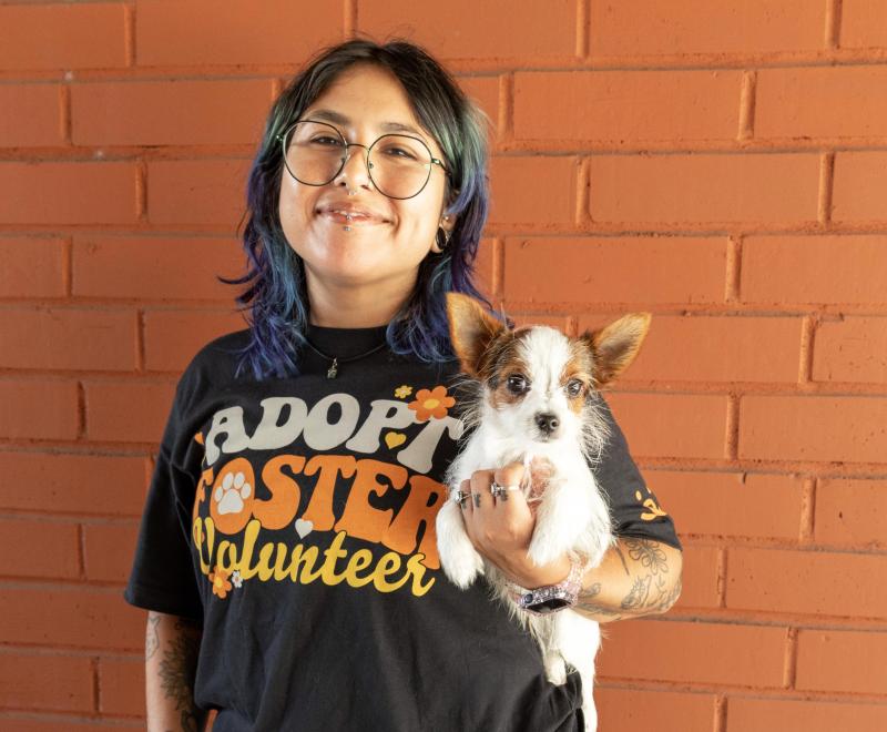 Person wearing an Adopt Foster Volunteer Best Friends T-shirt holding a small puppy