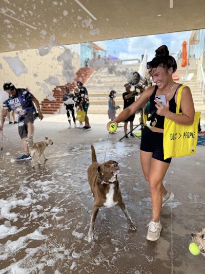 Sydney and Koda the dog playing in the foam