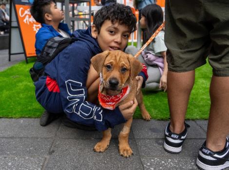 Childing hugging a brown puppy who is wearing a red bandana