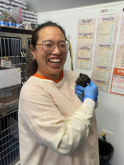 Volunteer Jennifer Chen holding a kitten