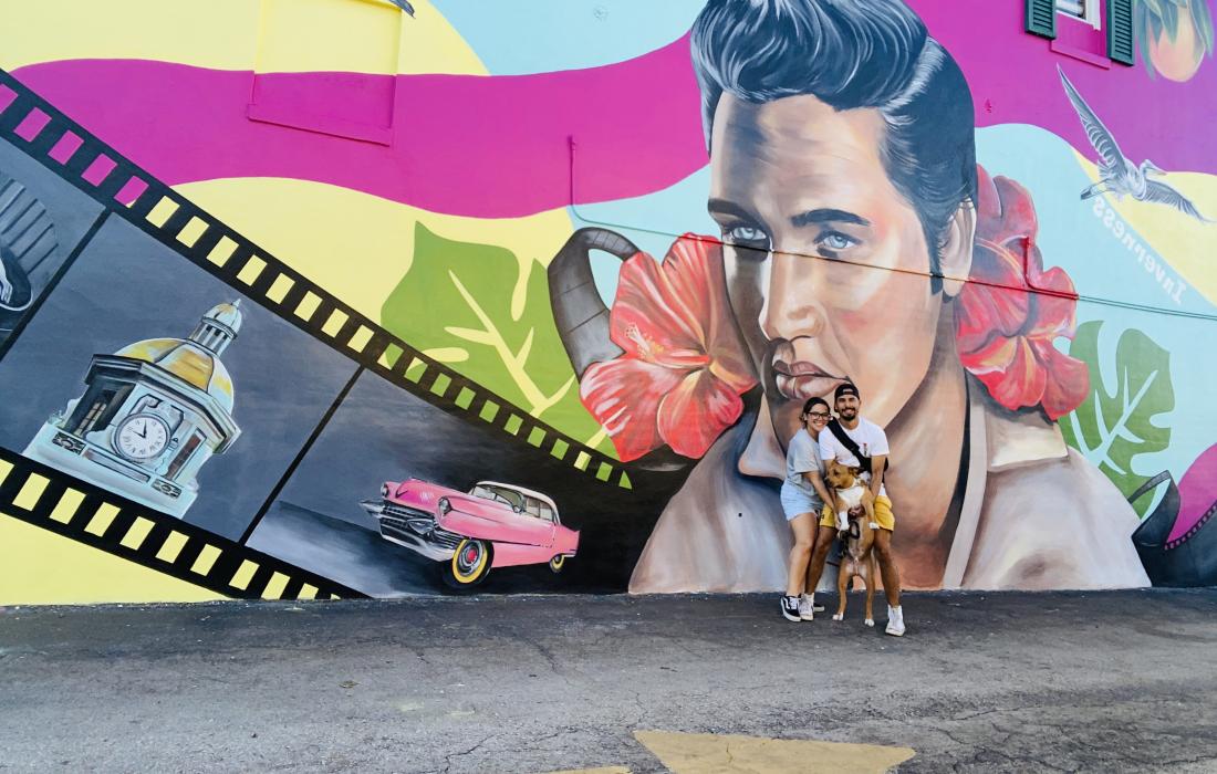 Adrienne, Jonathan, Russell in front of Elvis mural painted by Jonathan