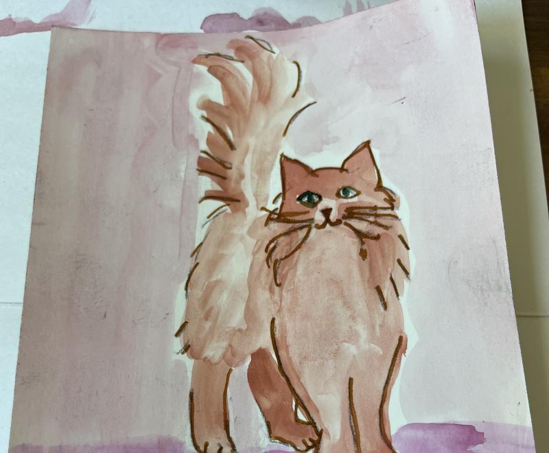 Painting of a brown fluffy cat