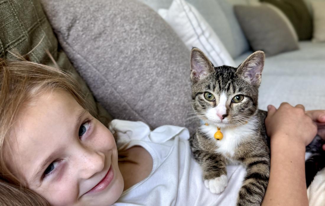 Clara lying on a couch with Sara the kitten on her chest