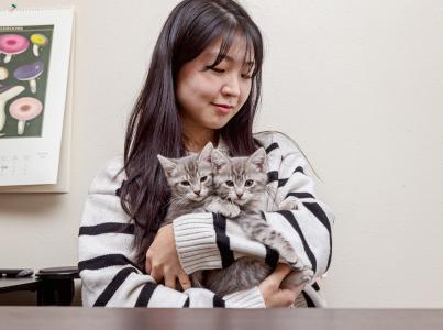 Smiling person holding two kittens