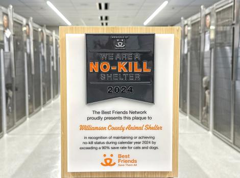 Williamson County Animal Shelter plaque in front of dog kennels