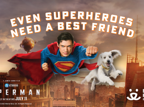 Superman and Krypto the dog flying with the Best Friends logo and text including, Even Superheroes Need a Best Friend